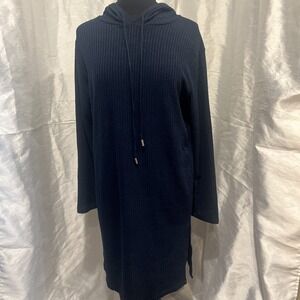 HYFVE  Womens L Large Dark Blue Tunic Hoodie Dress  Long Sleeve Side Slits